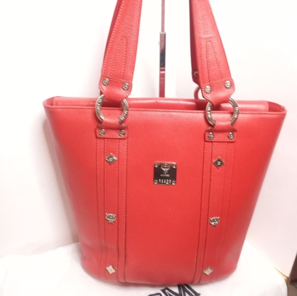 MCM Visetos Salmon Leather Studded Tote Bag + Dust Bag - Picture 14 of 16